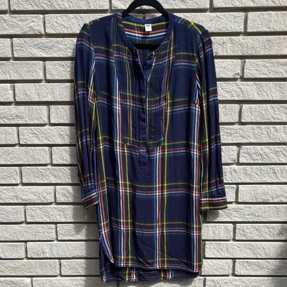Old Navy Multicolor Plaid Collarless Shirt Dress Sz M